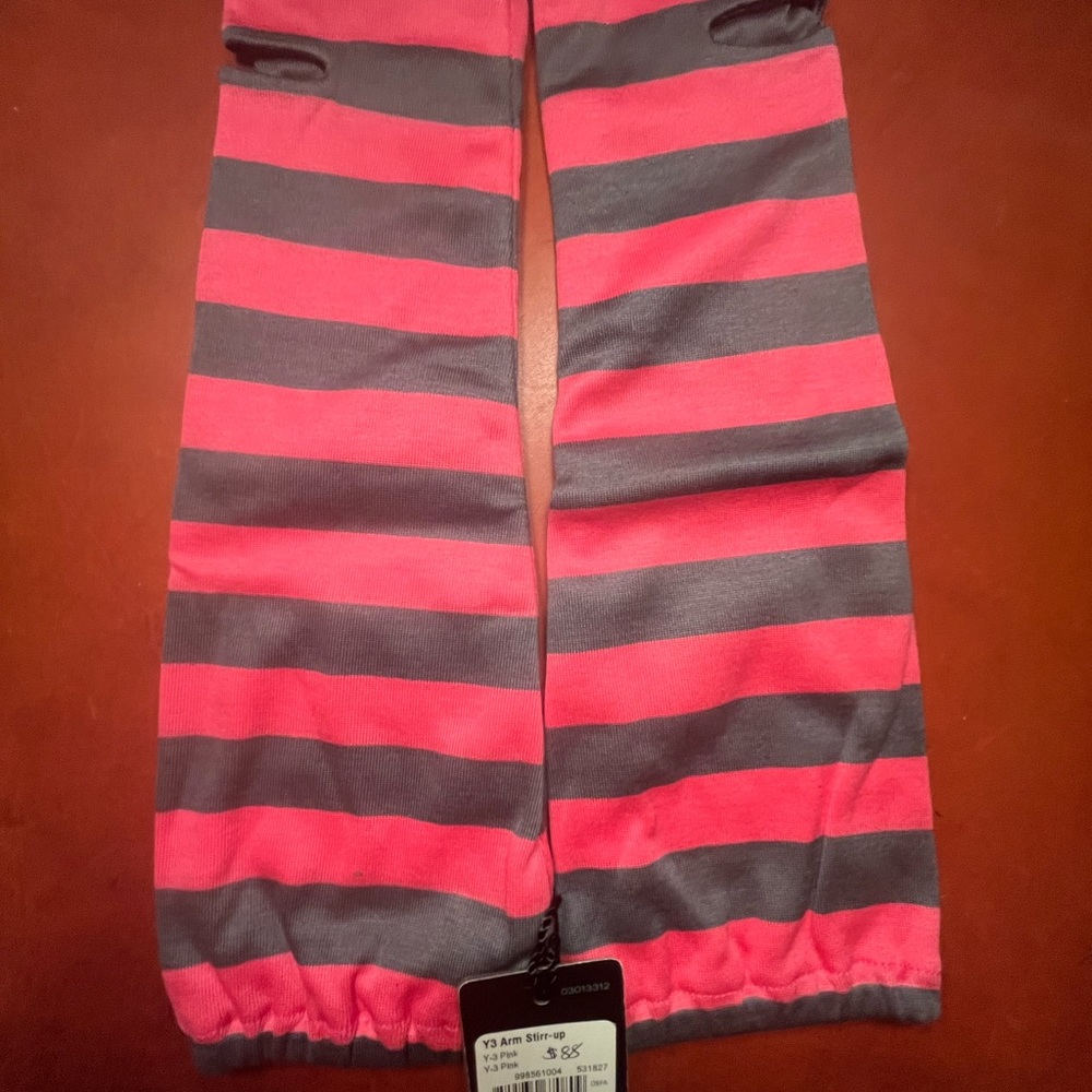 Y-3 Yohji Yamamoto for adidas pink & grey striped arm stirrups.